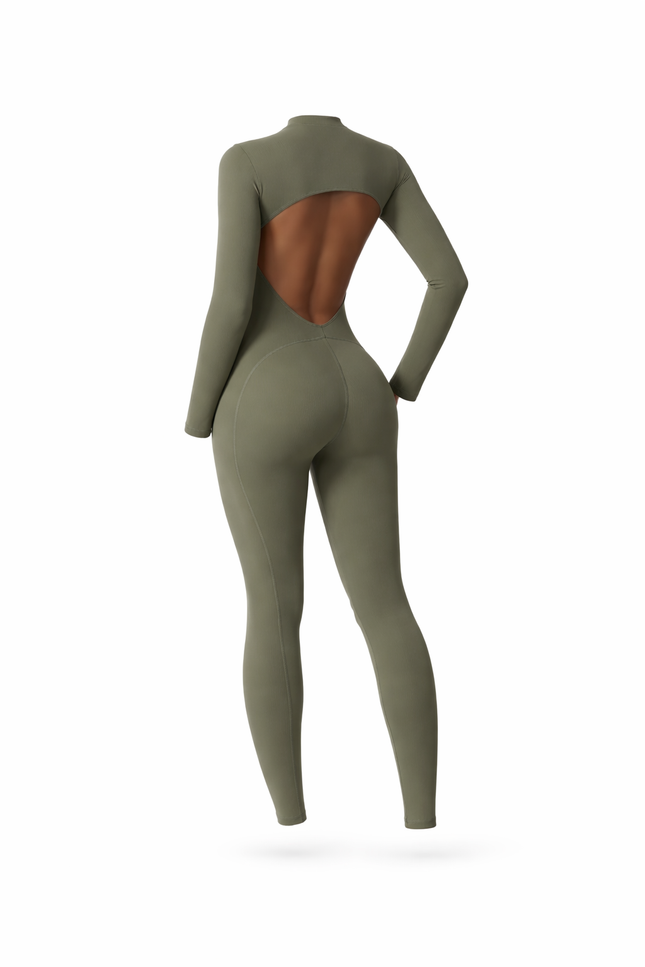 SculptFit Open-Back Performance Jumpsuit- Moss Green